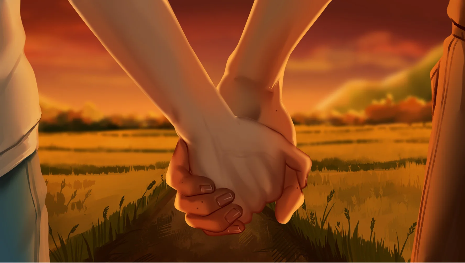Two characters hold hands in a golden farm field in The False Sun