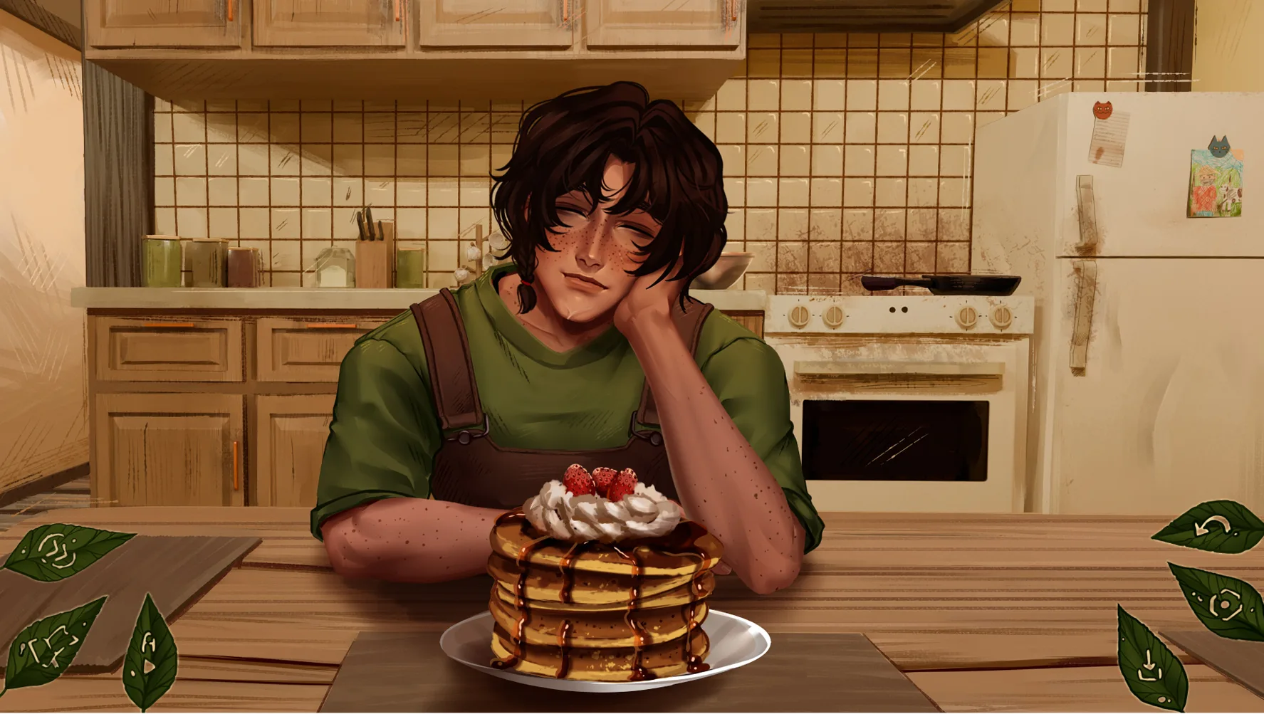 A character sits at a kitchen table with pancakes in The False Sun