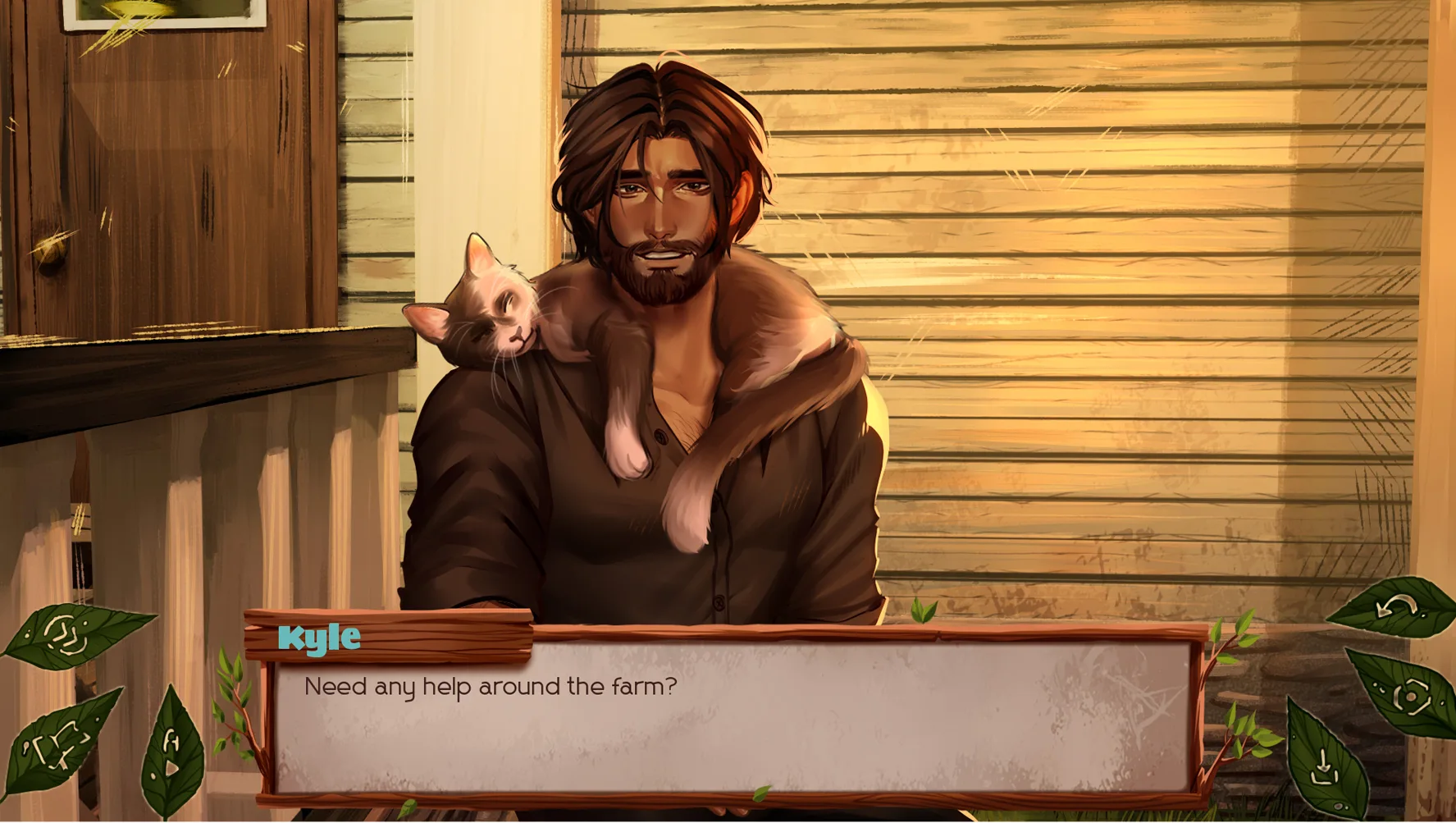 Kyle holds a cat during a farmhouse dialogue scene in The False Sun